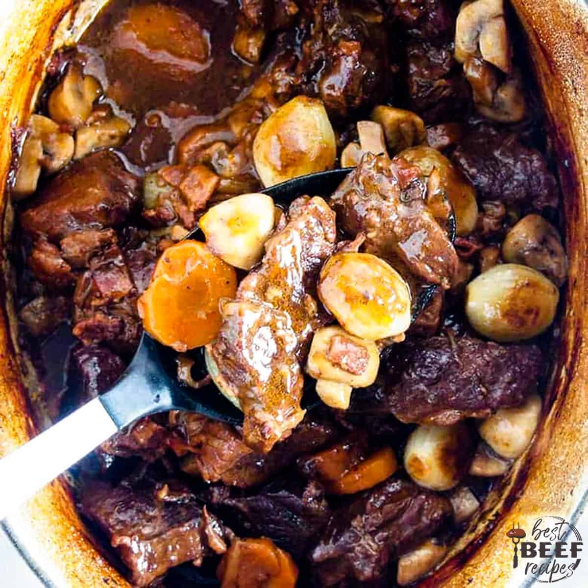 Beef bourguignon in a Dutch Oven with a serving spoon