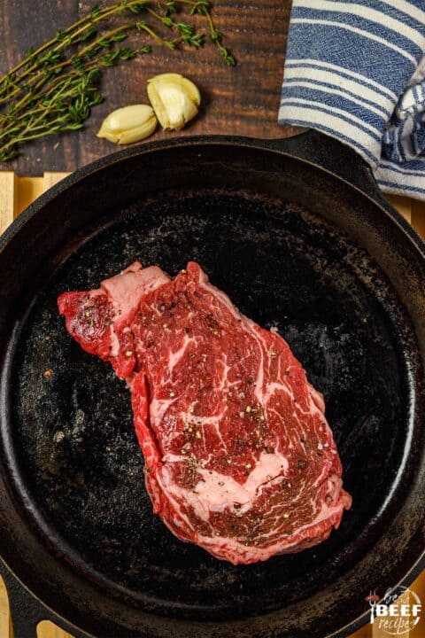 Searing steak in a skillet