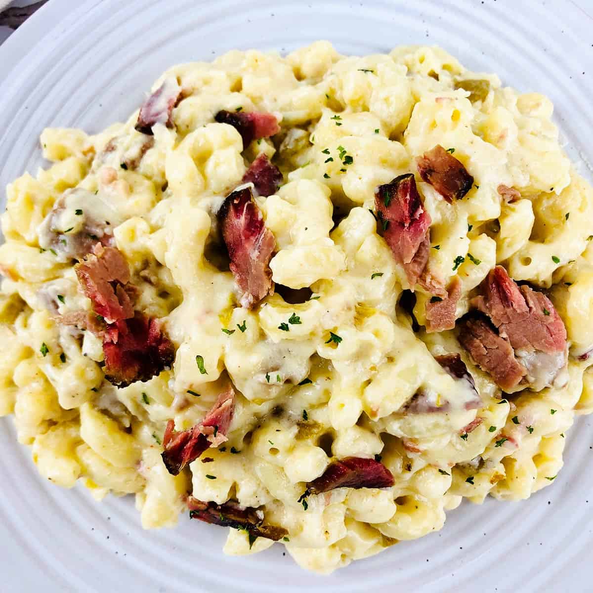 brisket mac and cheese on a white plate