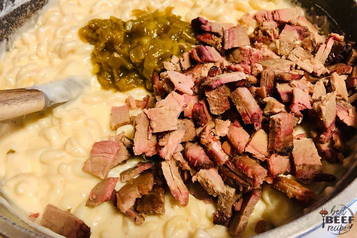 brisket and chilies in mac and cheese sauce