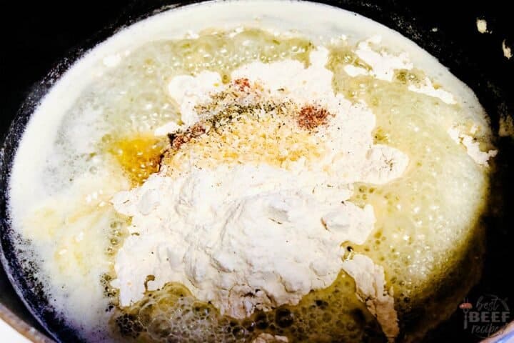 Seasonings and flour mixed into butter in a pan