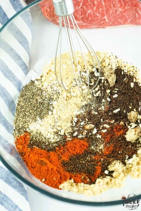 Ingredients for coffee rub in a glass bowl with a whisk