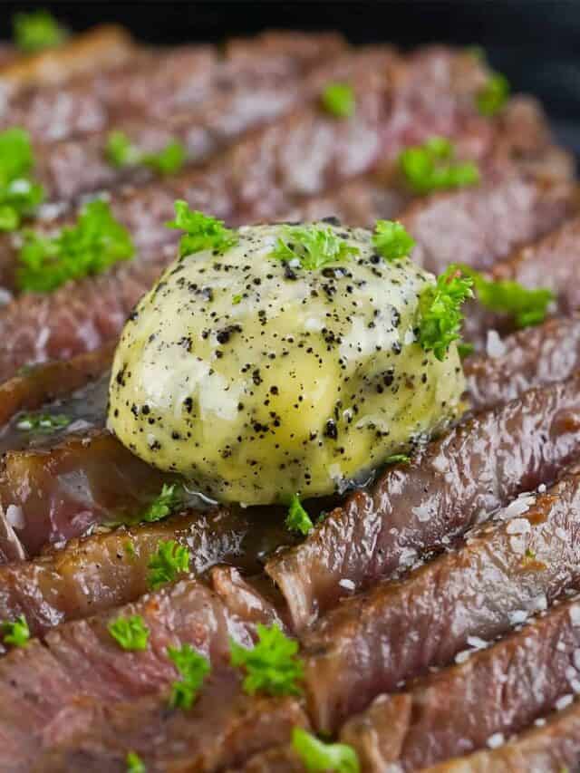 dollop of truffle butter on top of sliced wagyu steak