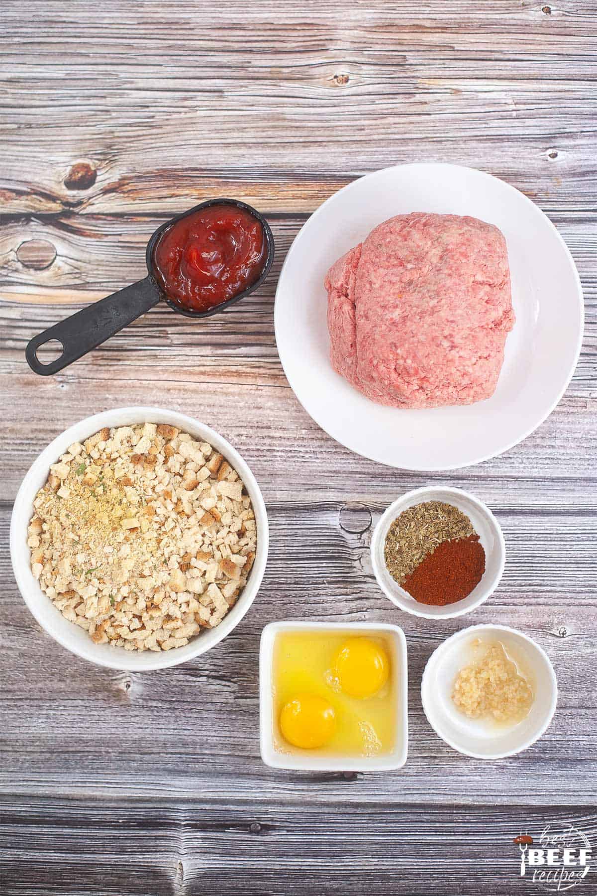 air fryer meatloaf ingredients in bowls