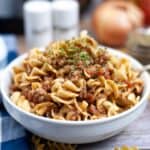 instant pot goulash in a white bowl