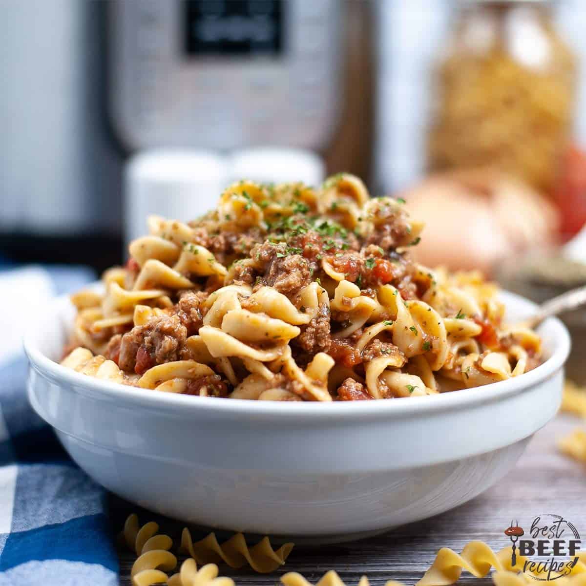 instant pot goulash in a white bowl