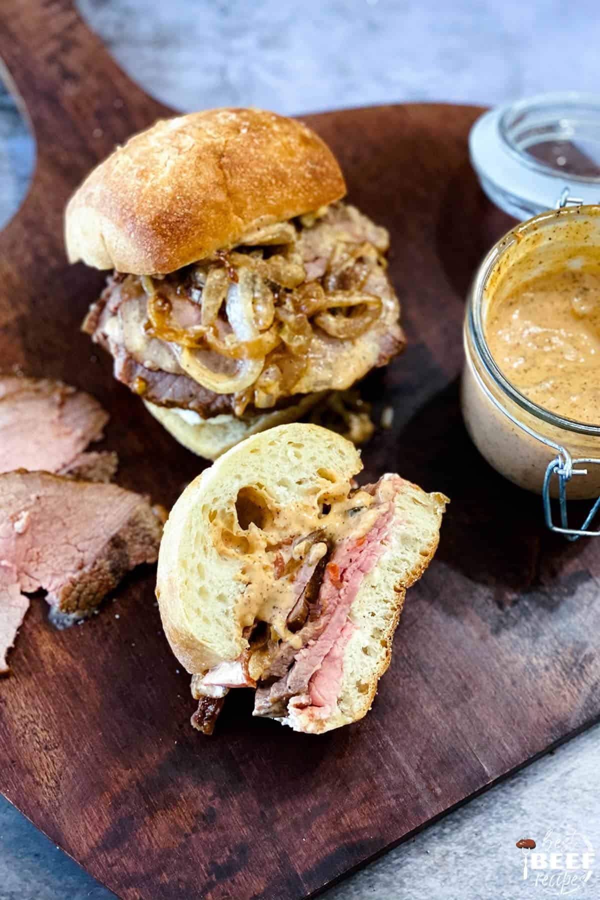 roast beef sandwiches on a serving tray