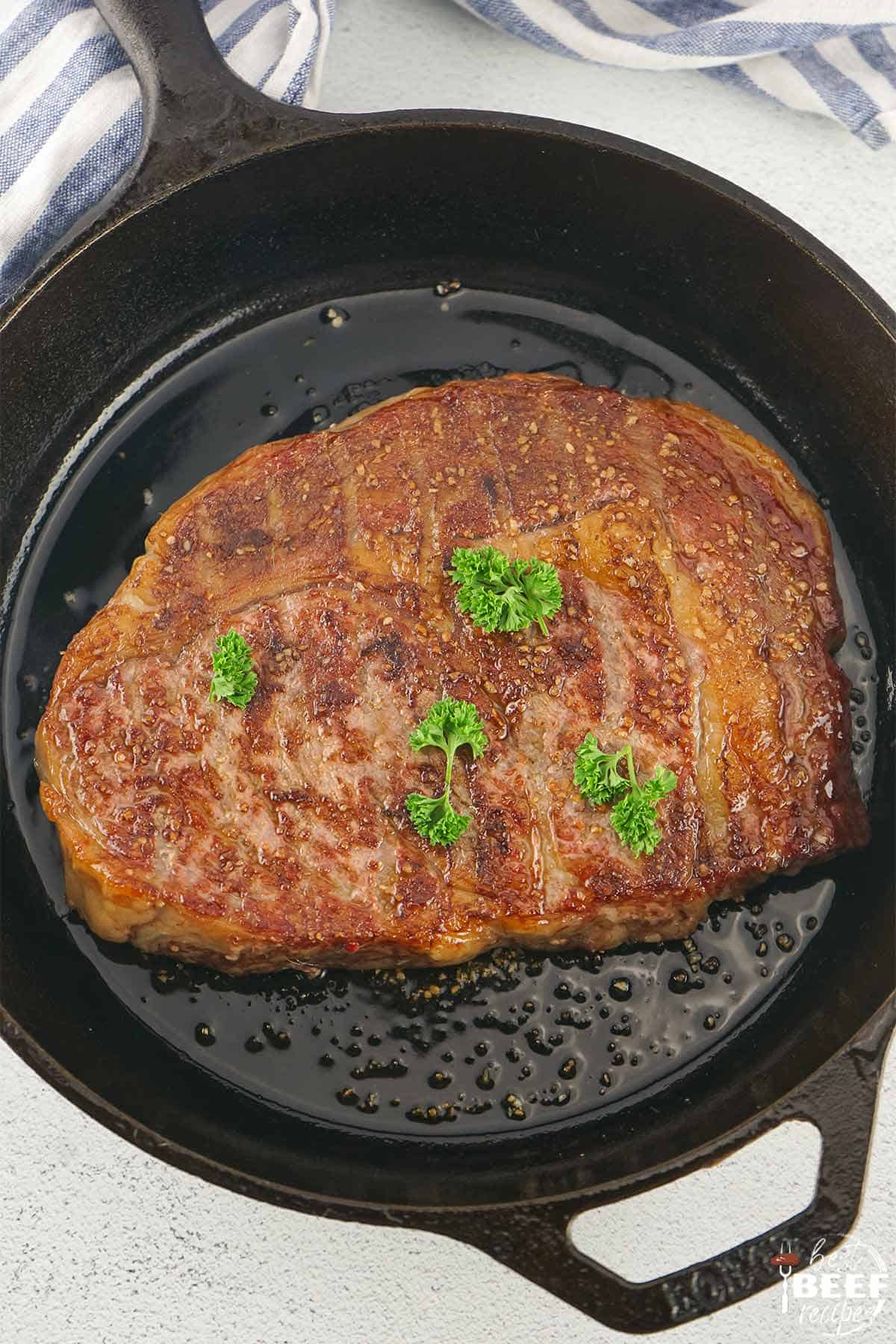 smoked wagyu steak in a skillet