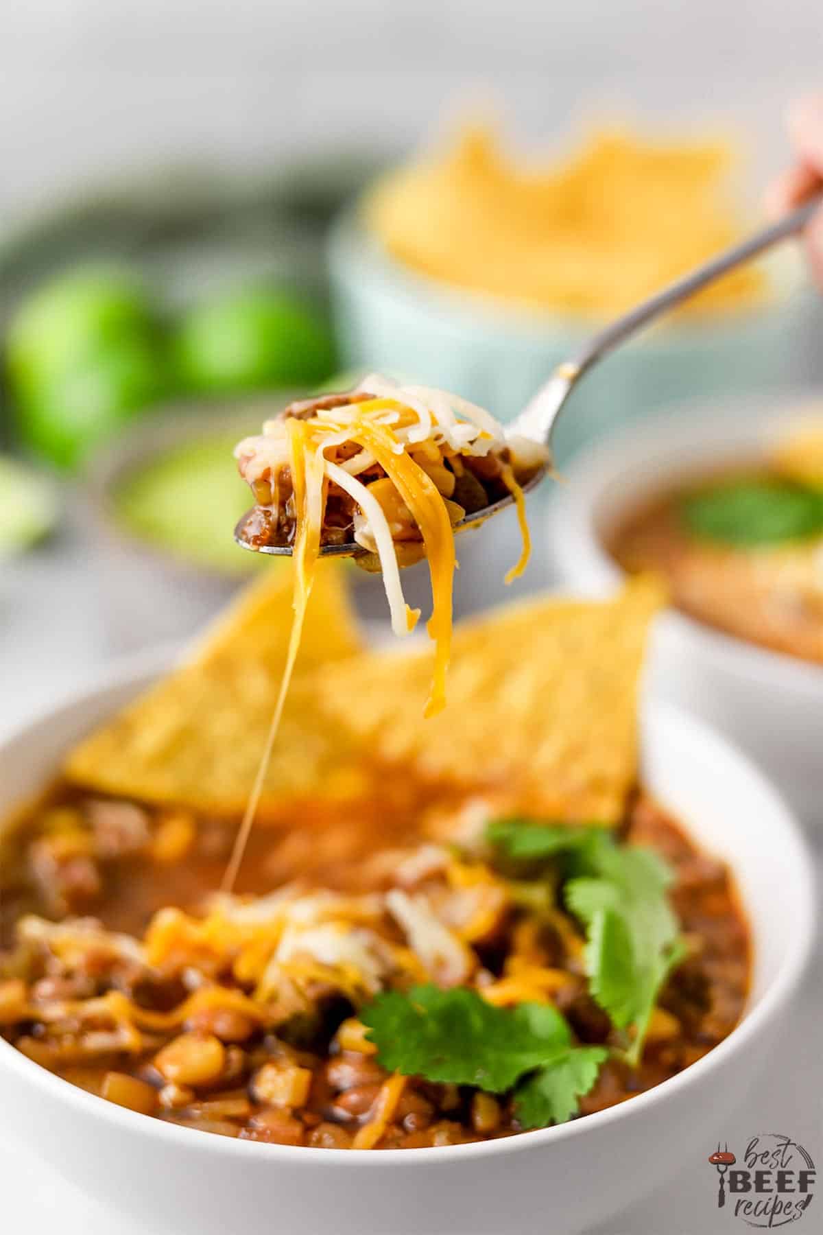 spoonful of taco soup over the bowl of soup