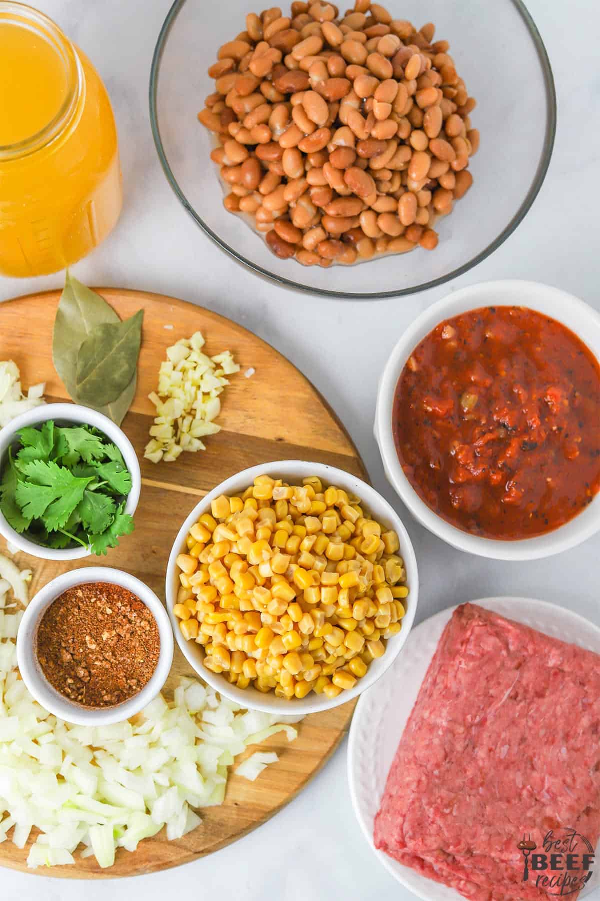 taco soup ingredients in bowls