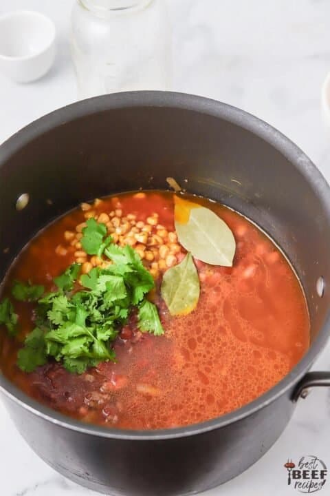chicken broth added to taco soup in pot
