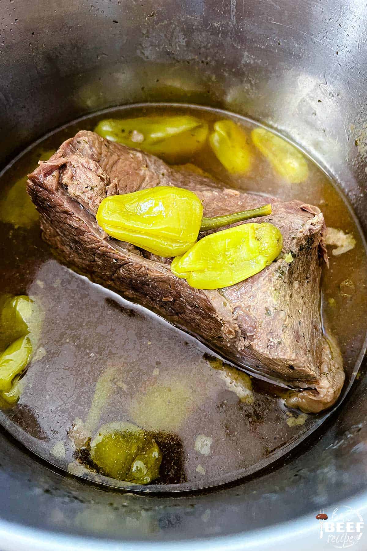 cooked mississippi roast in the instant pot with pepperoncini peppers