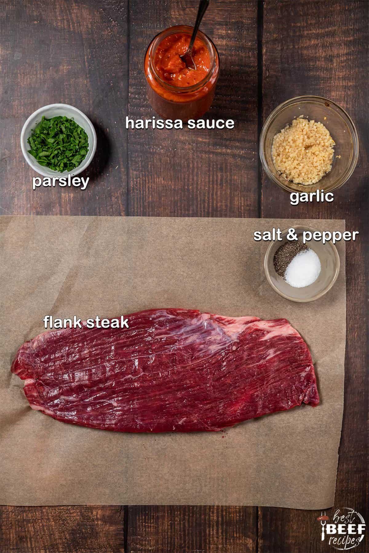 ingredients to make stuffed flank steak with labels