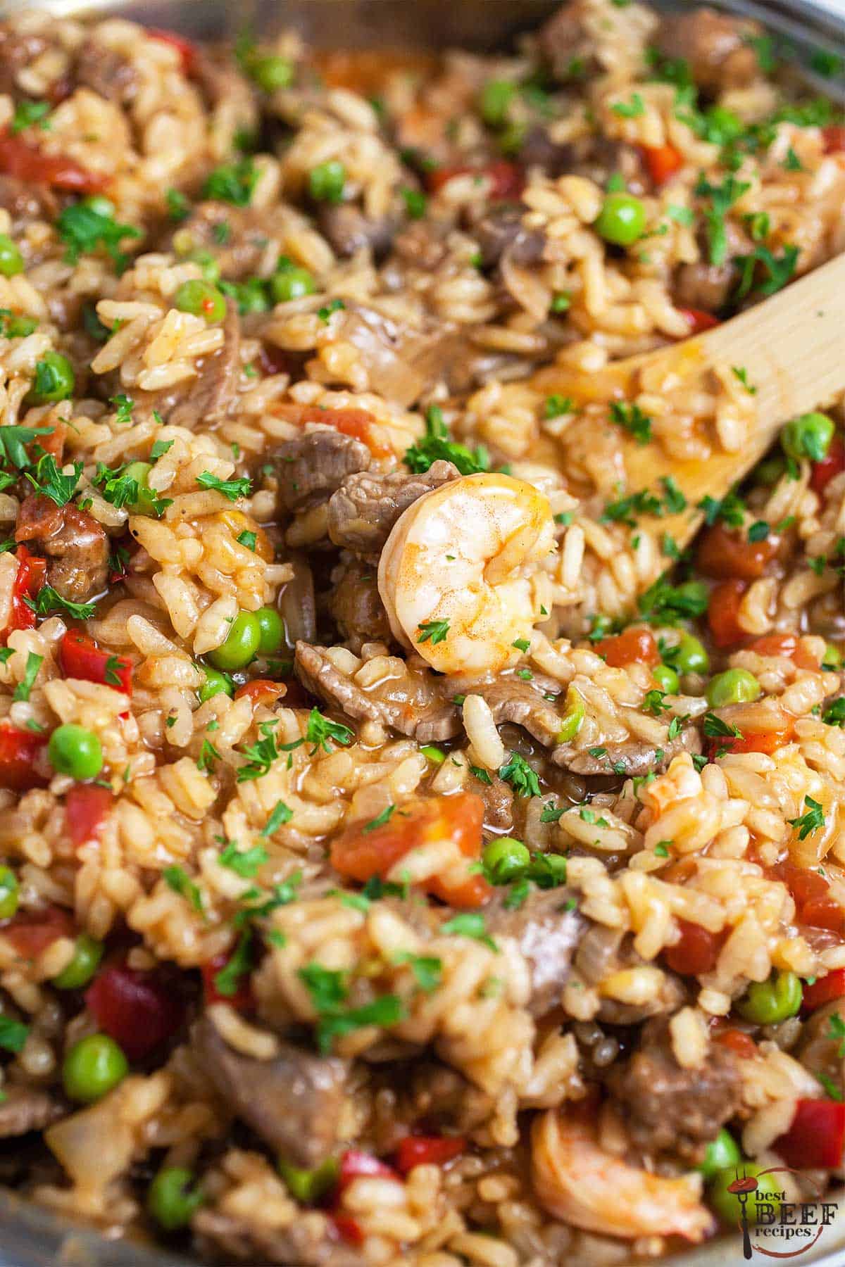 beef paella up close in pan