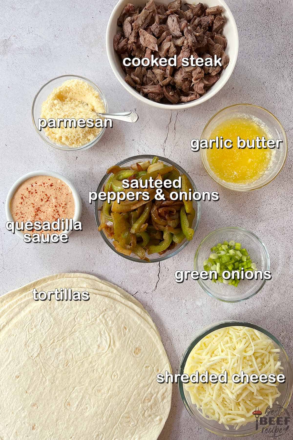 ingredients to make beef quesadillas with labels
