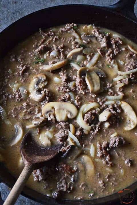 ground beef, mushrooms, onions in a pan
