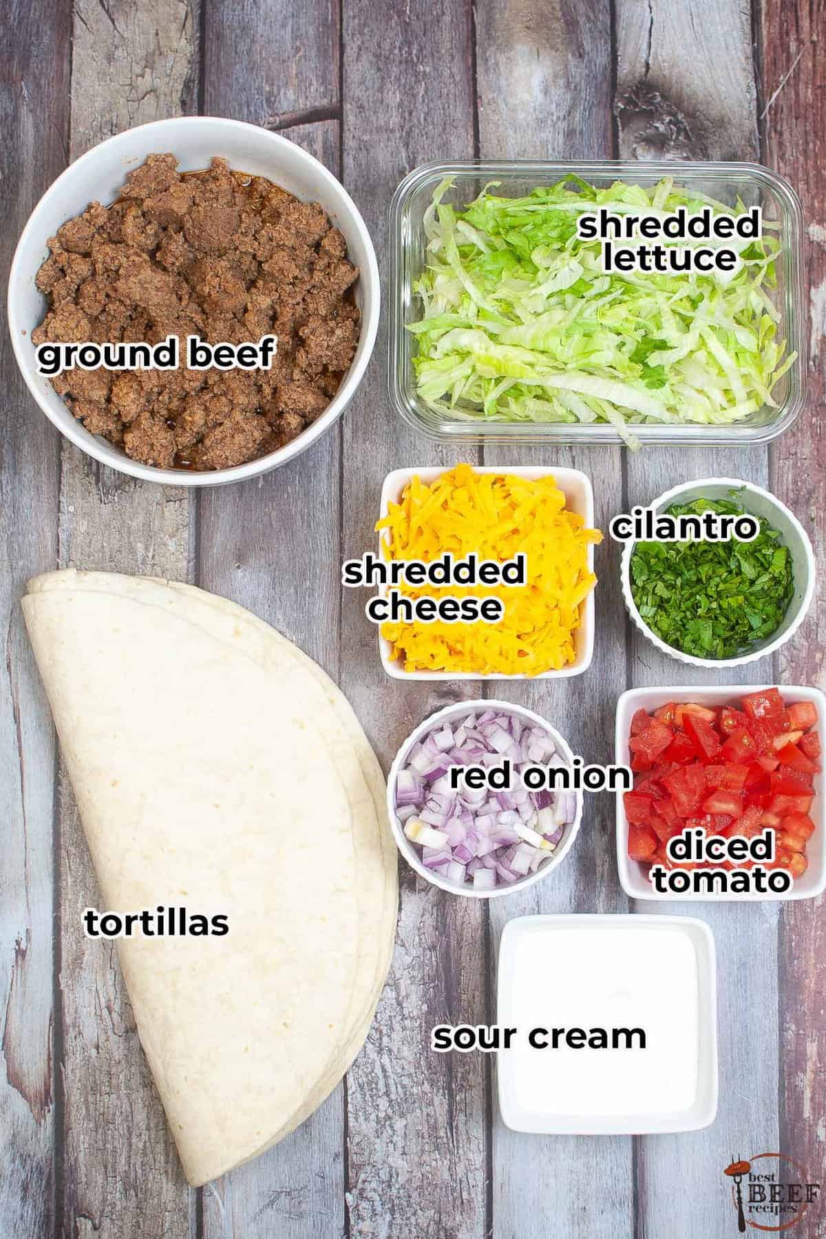 taco salad ingredients with labels