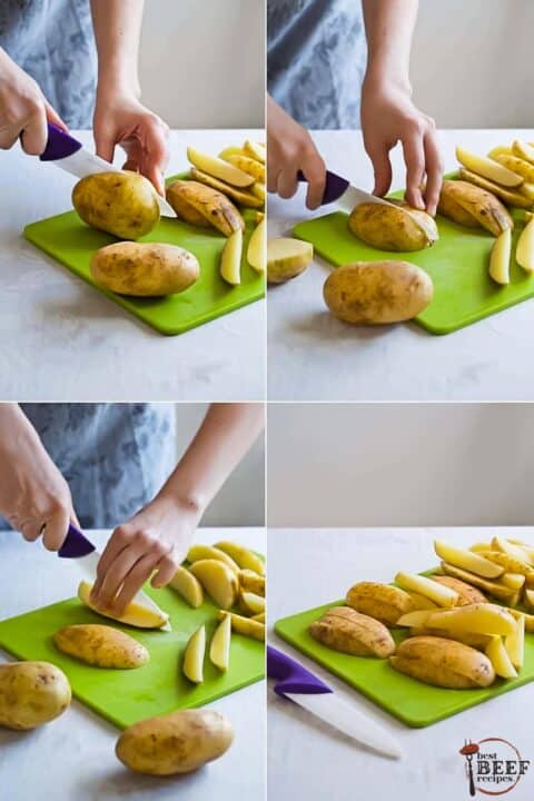 Four pictures. The first through third show hands cutting a potato into wedges. The last picture is a cutting board of cut potato wedges.