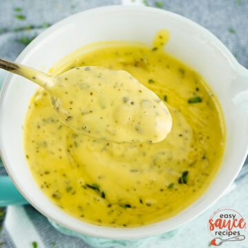 bearnaise sauce in a white bowl with a spoon from easy sauce recipes