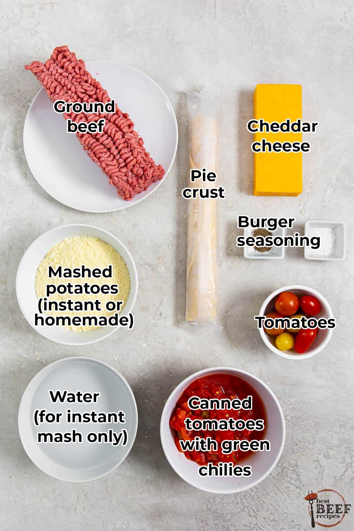 the ingredients for cheeseburger pie in separate bowls with labels
