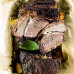 a dish lined with paper and filled with smoked short ribs
