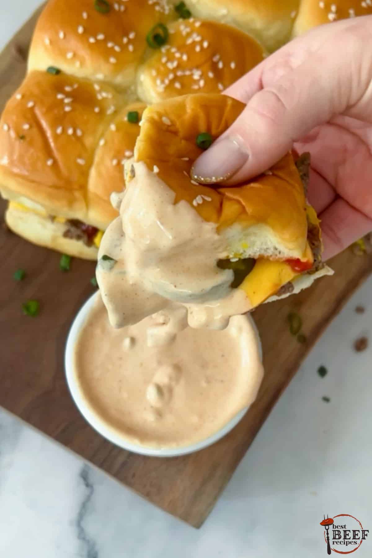 cheeseburger dipping into burger sauce
