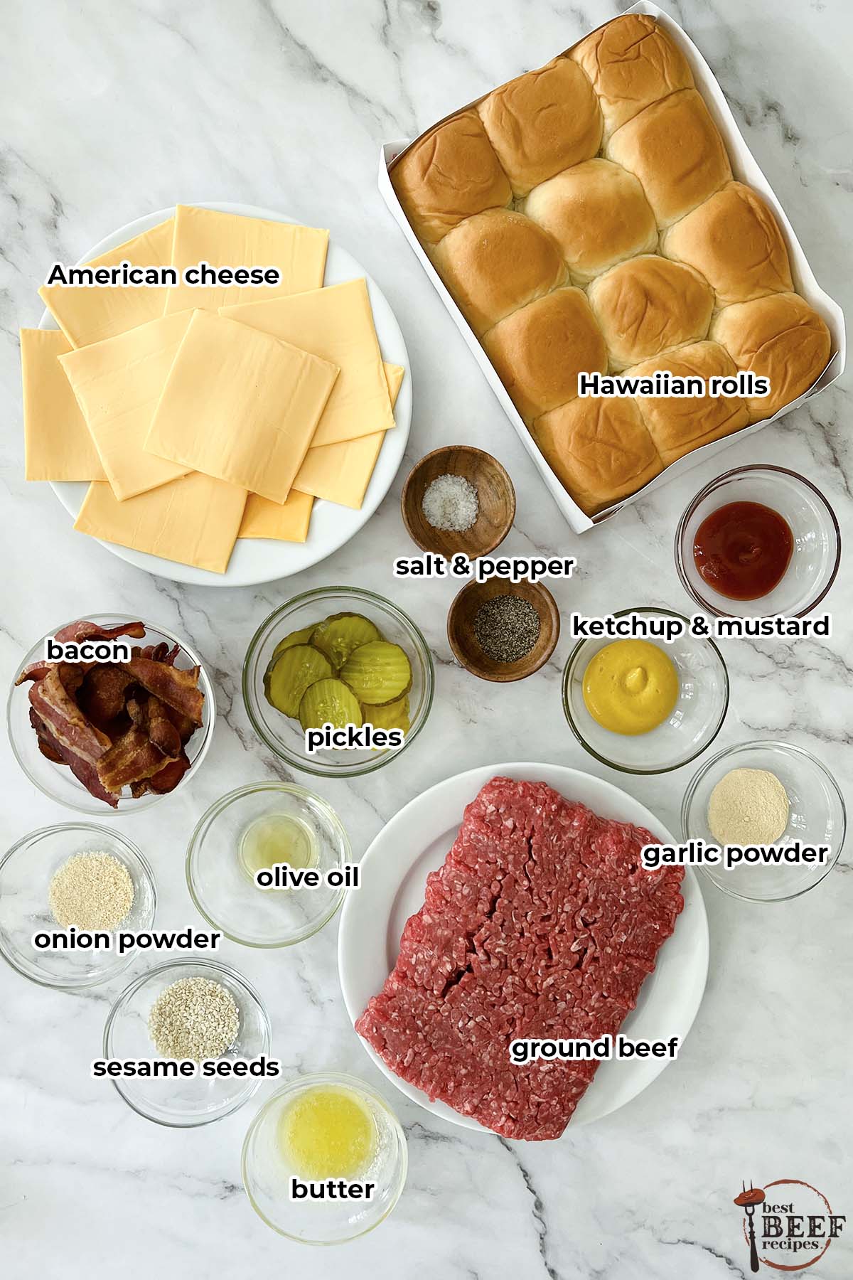 ingredients to make cheeseburger sliders with labels