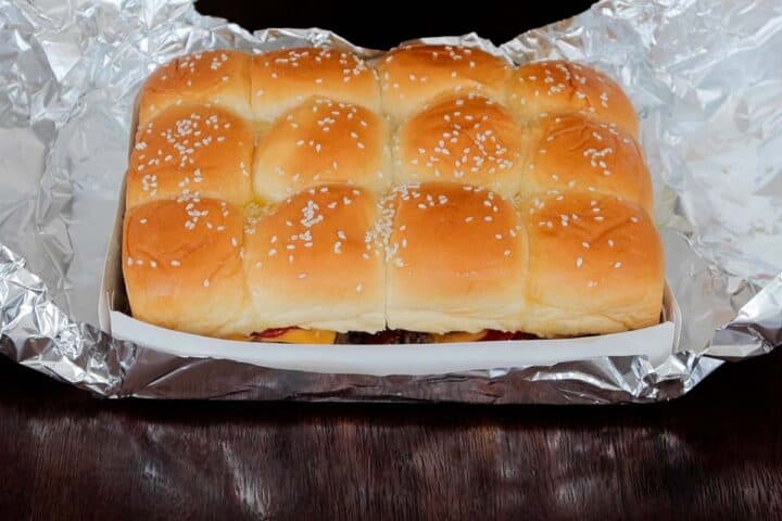 cheeseburger sliders after baking with foil unwrapped