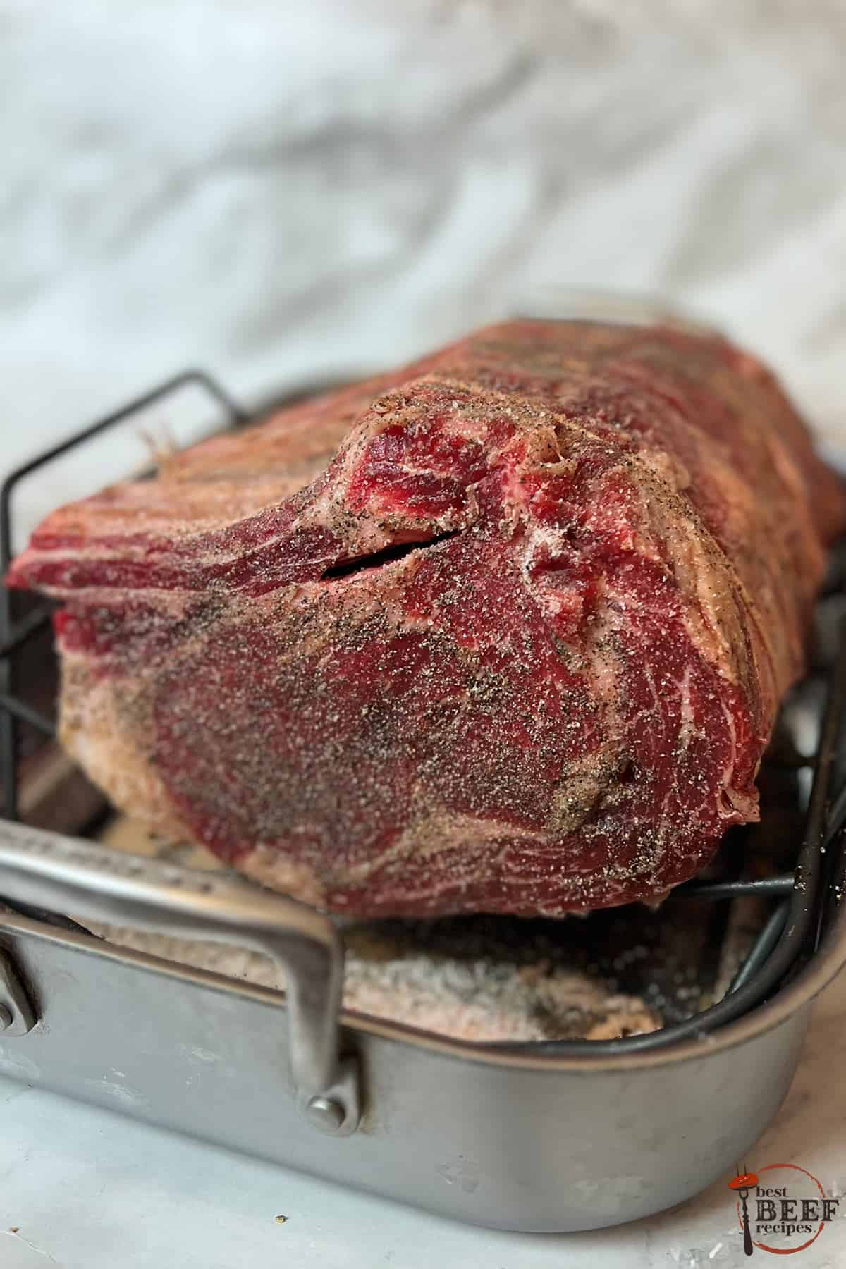 seasoned dry aged prime rib on a roasting rack and pan