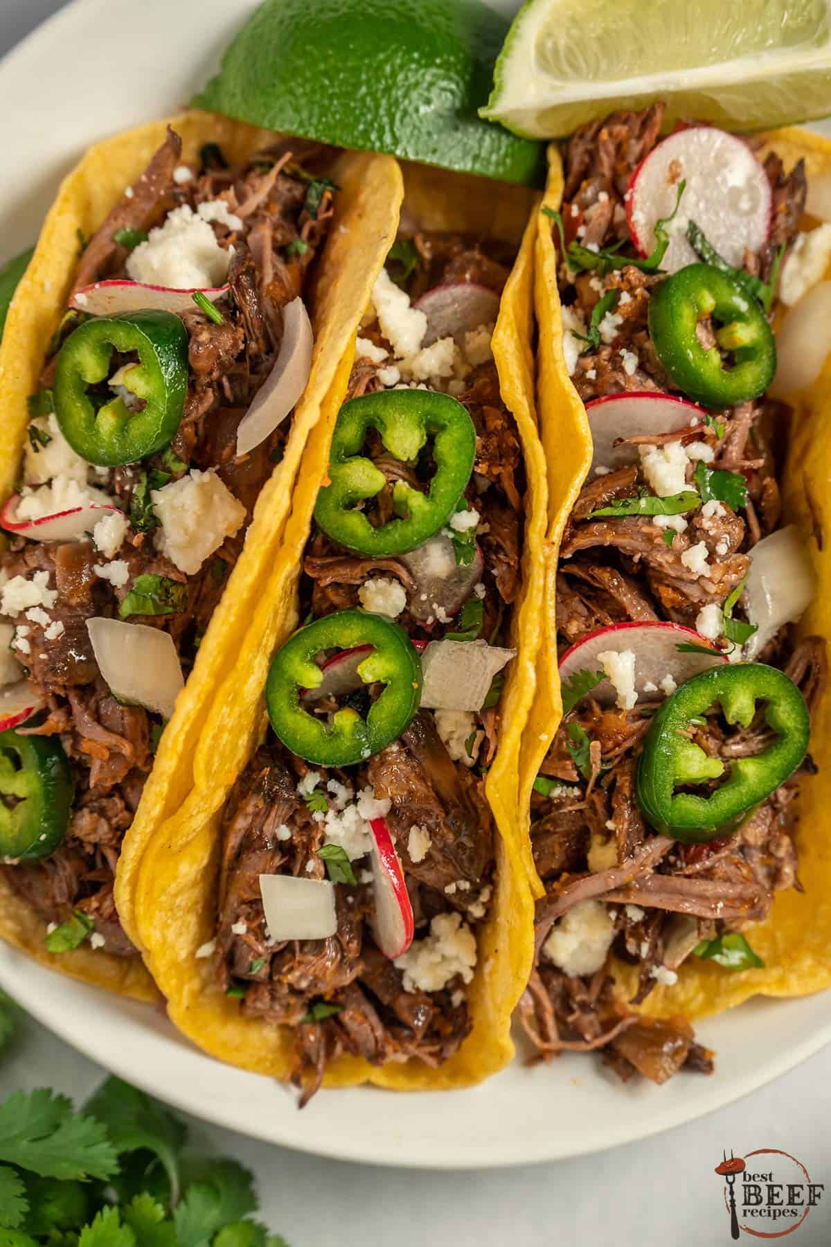 a plate stuffed with three filled barbacoa tacos and lime slices