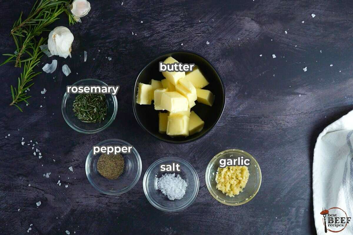butter, rosemary, pepper, salt, and minced garlic in small bowls with labels