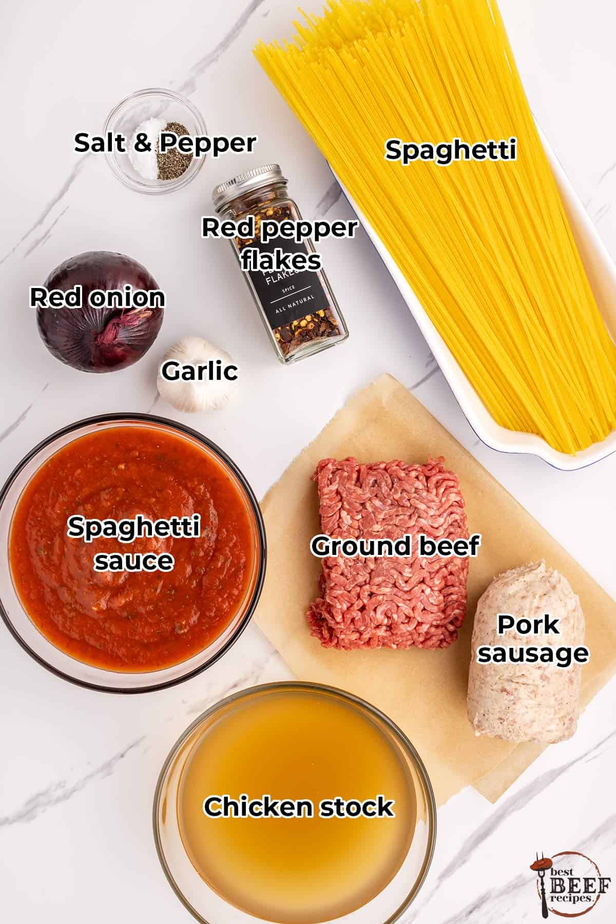 all of the ingredients for one pot spaghetti with labels