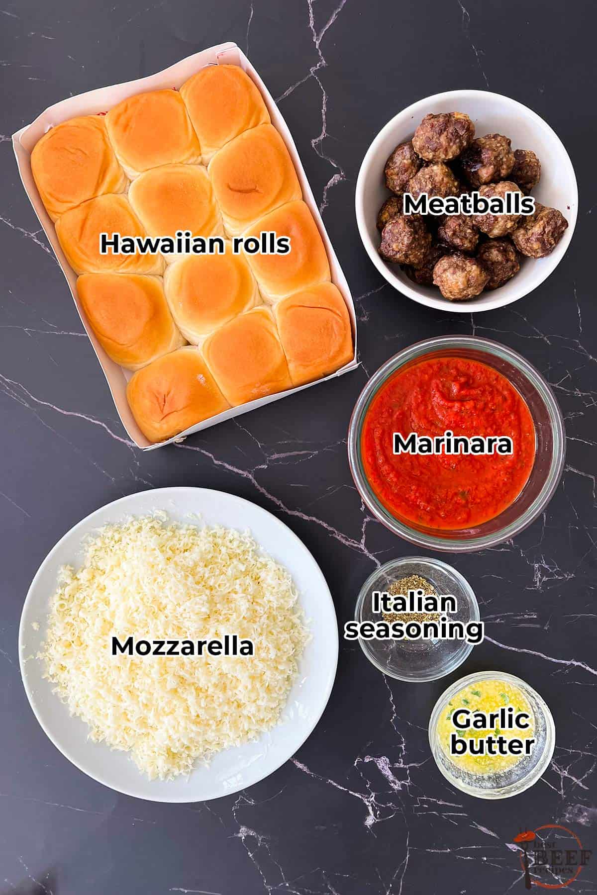 all the ingredients for meatball sliders in separate bowls with labels
