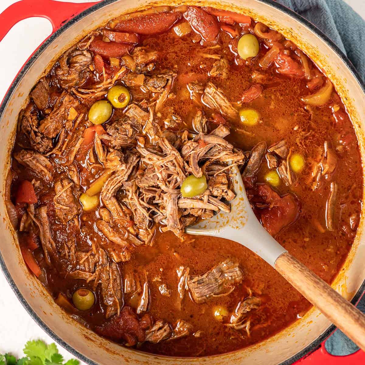 a big pot of finished ropa vieja with a spoon