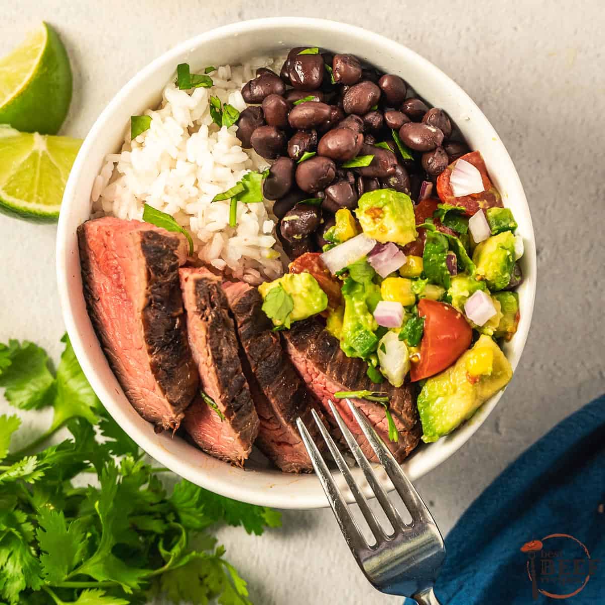 a rice bowl of guajillo steak with beans and avocado salsa