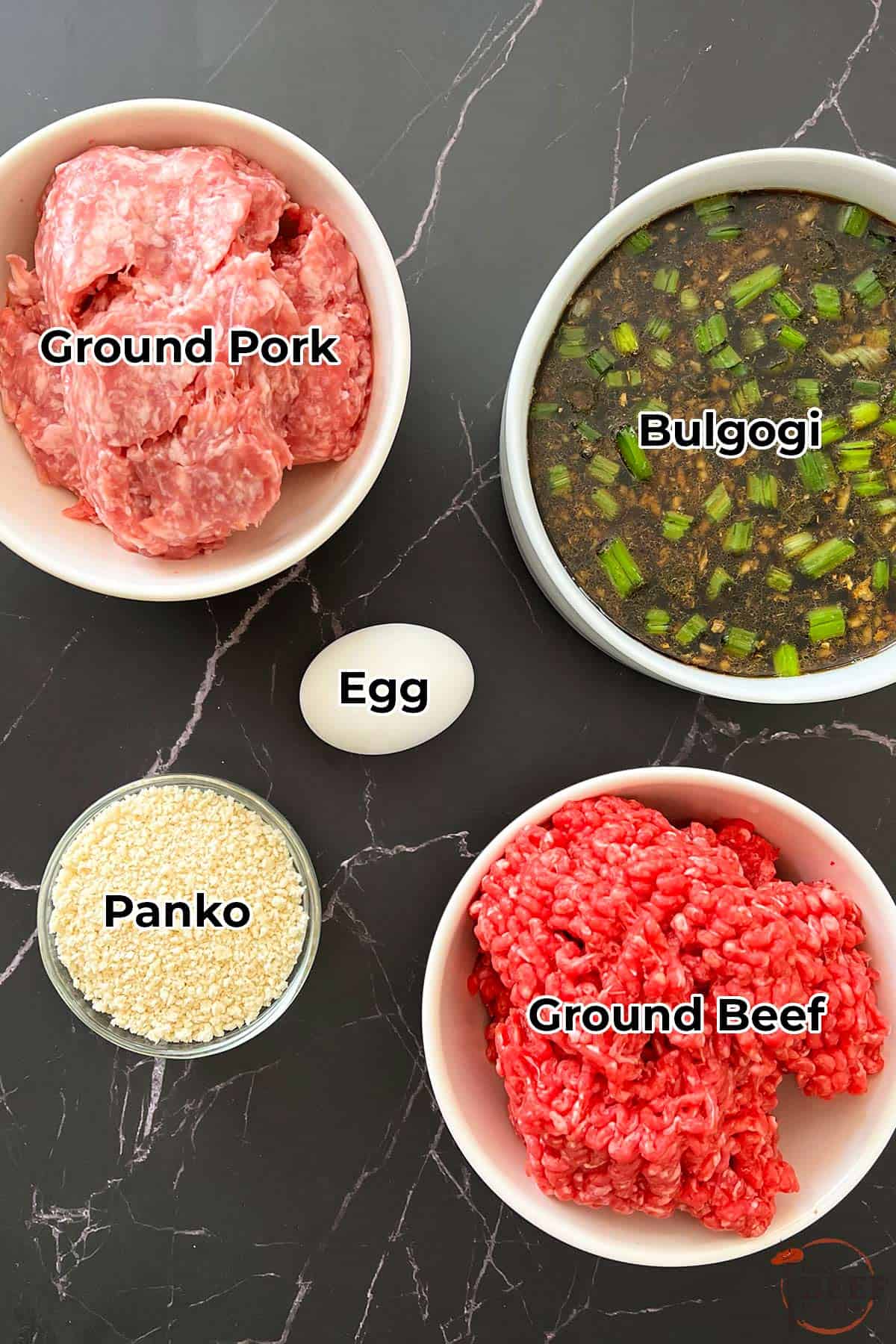 all the ingredients for bulgogi meatballs in separate bowls with labels