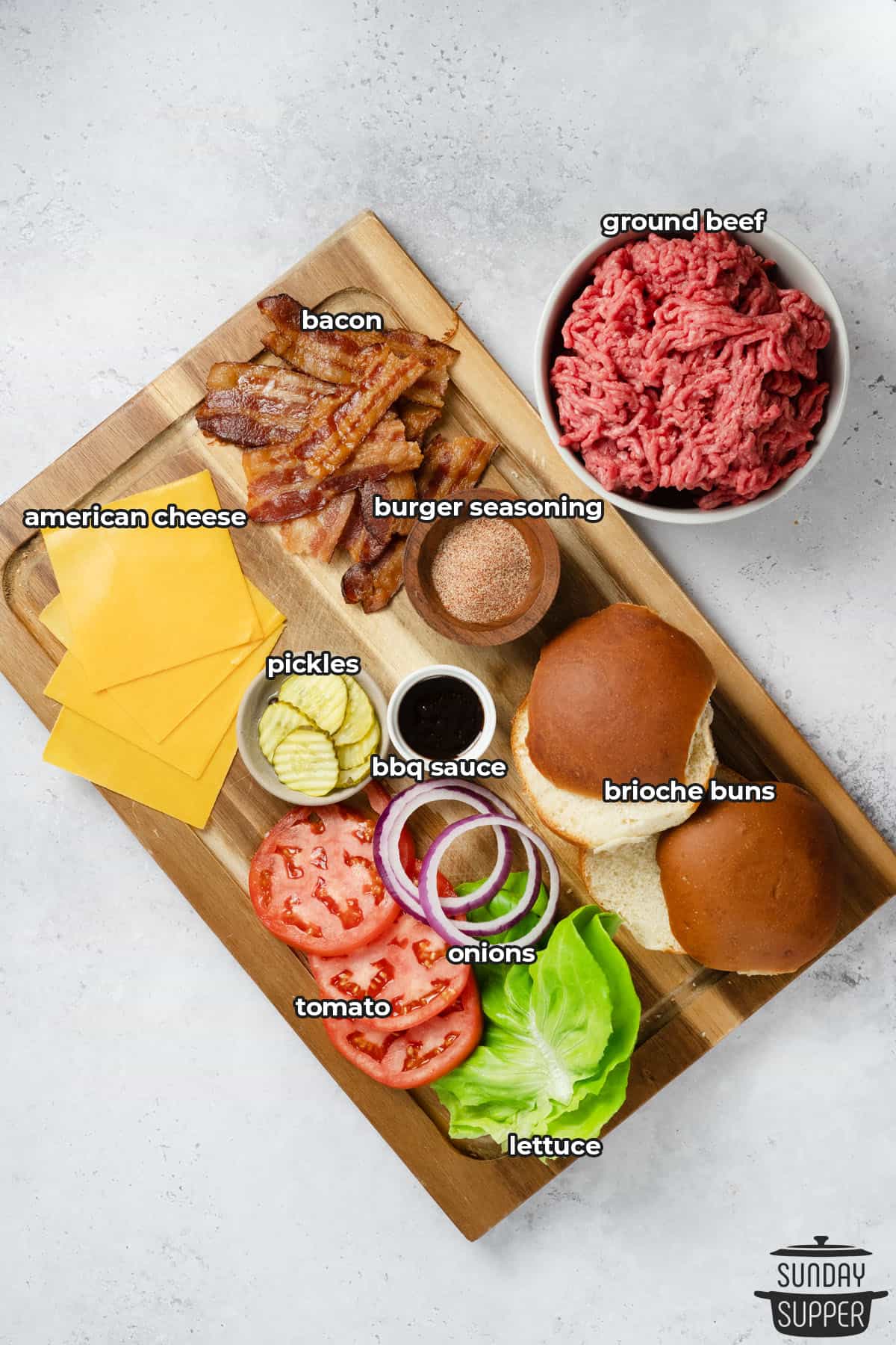 ingredients for bbq burgers with labels