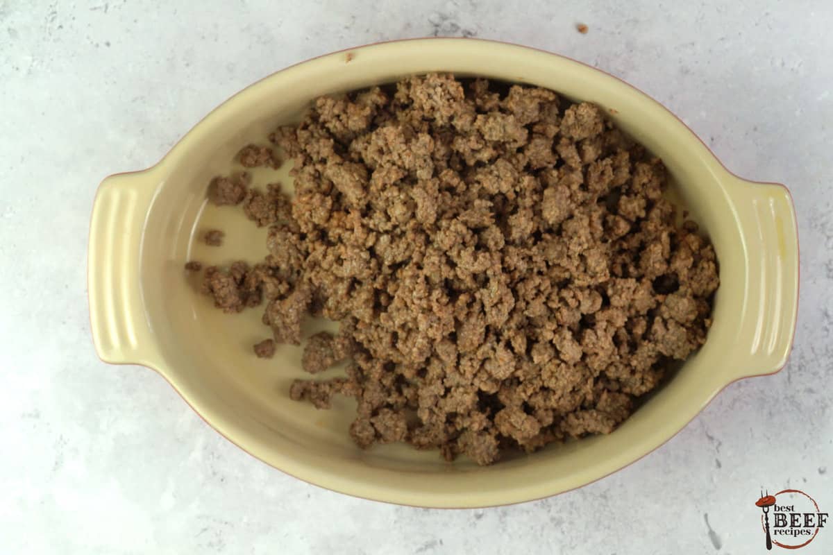 ground beef added to a casserole dish