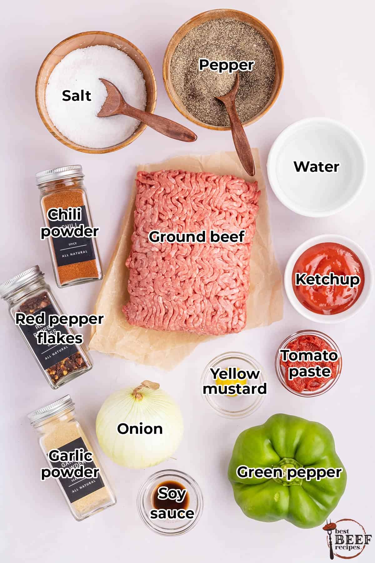 all the ingredients for sloppy joes in separate bowls with labels