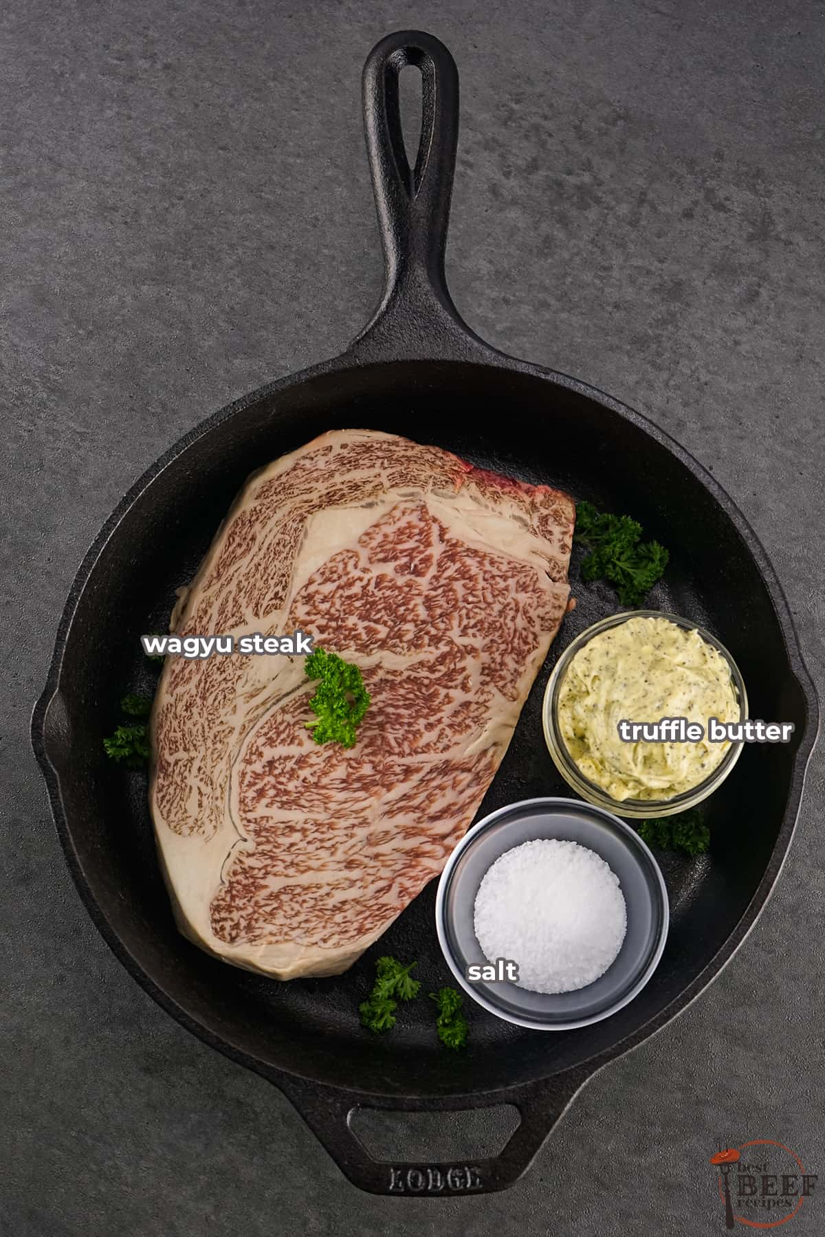 ingredients to cook wagyu steak with labels