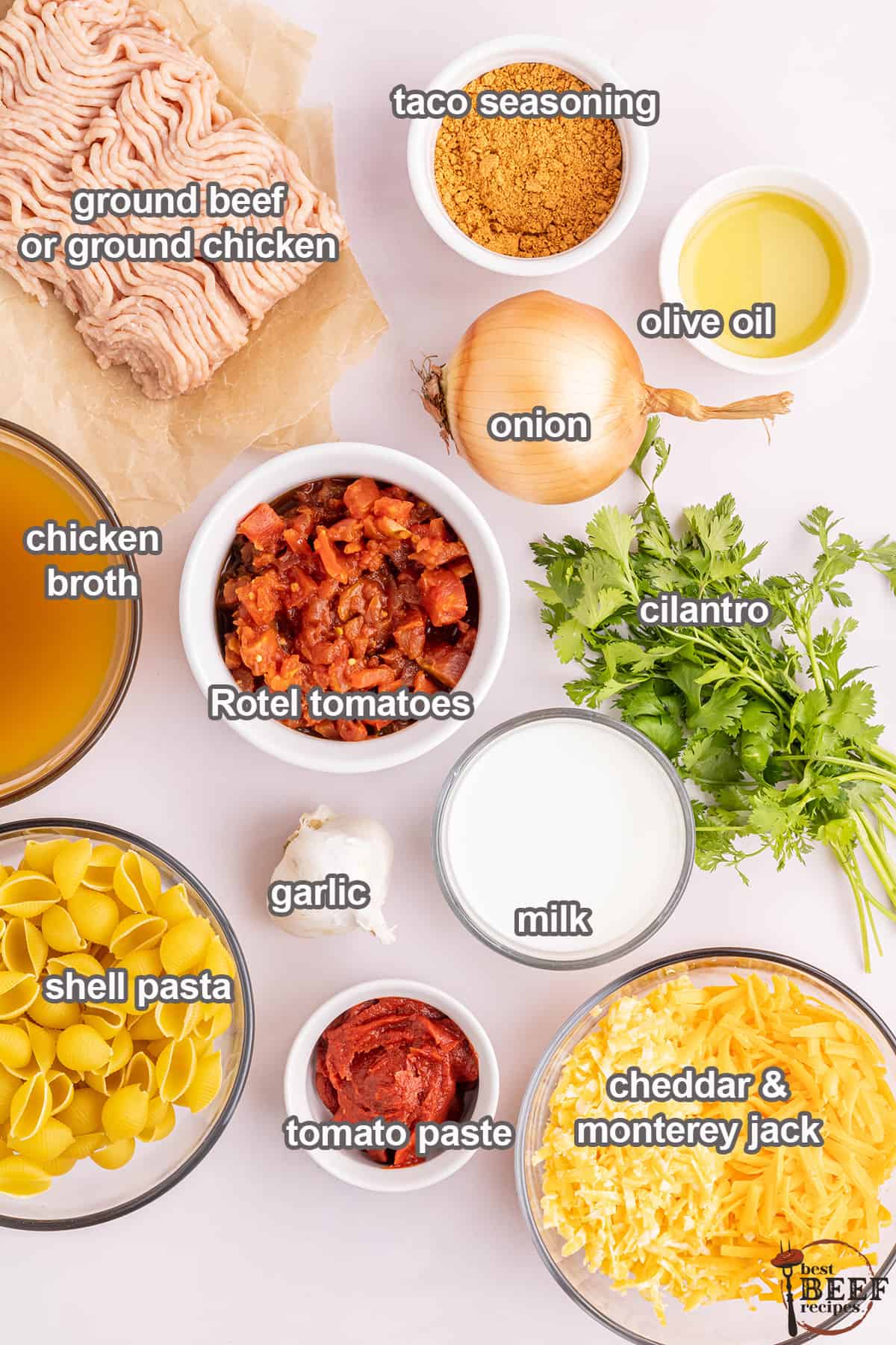 ingredients for homemade hamburger helper with labels