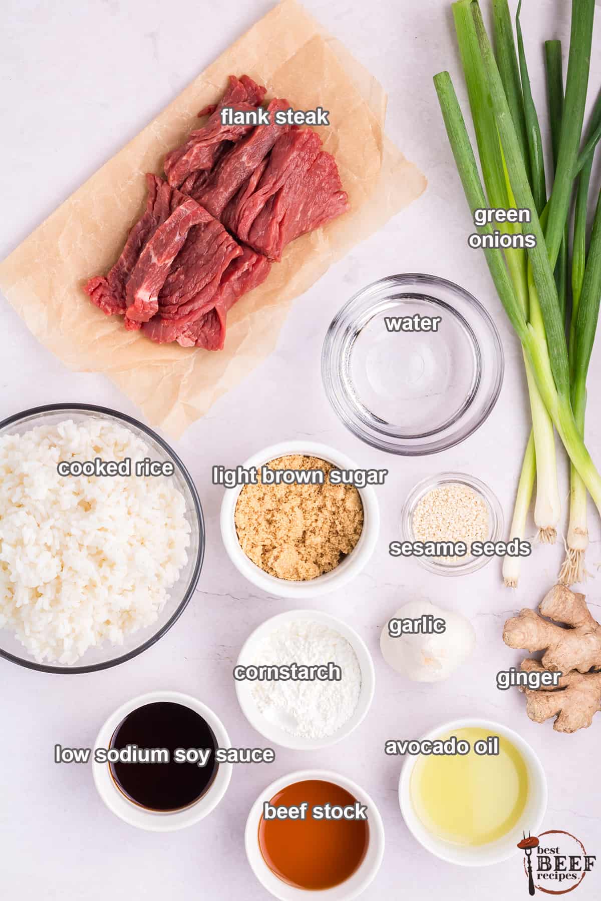 ingredients to make mongolian beef with labels in bowls