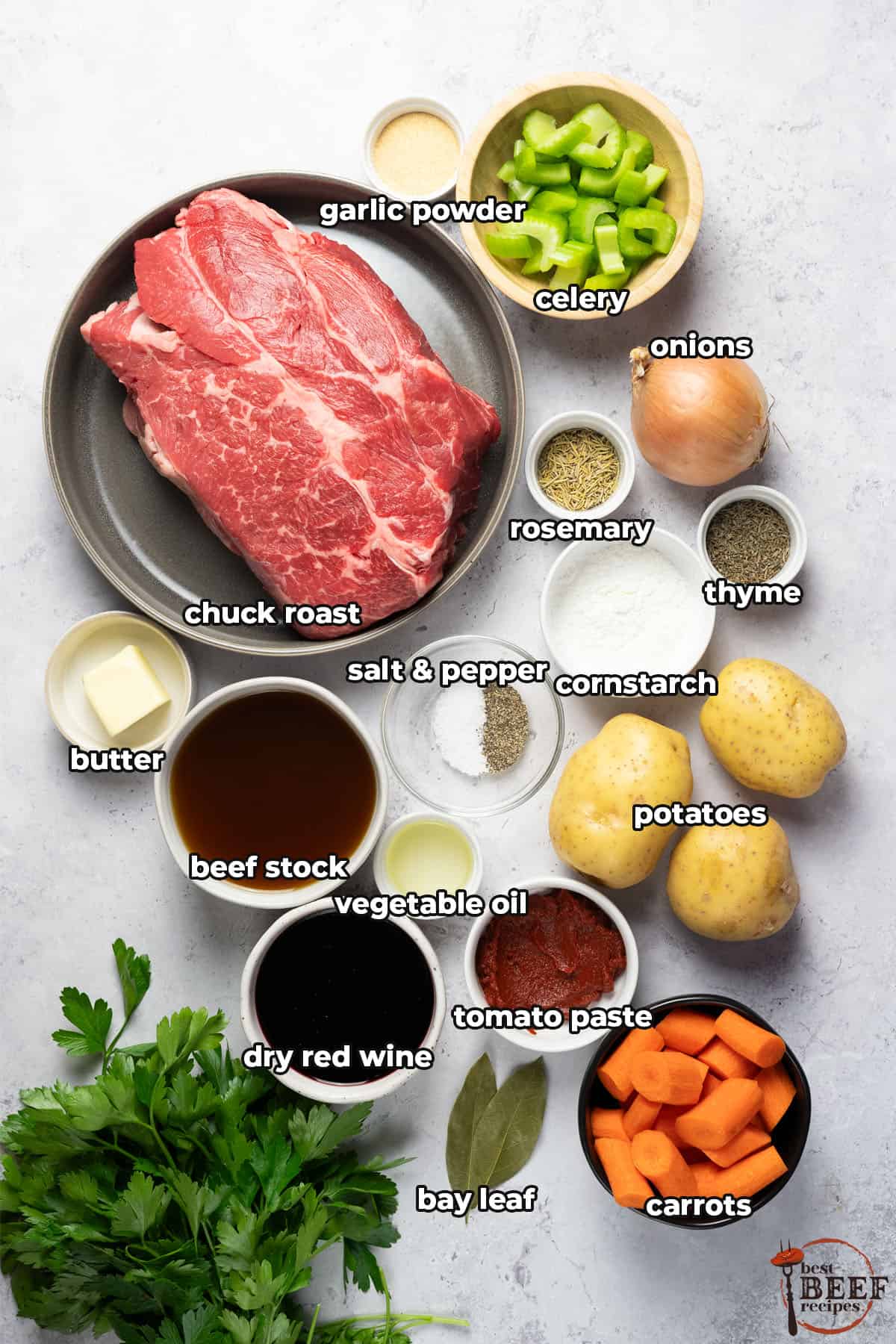 ingredients for slow cooker roast beef with labels