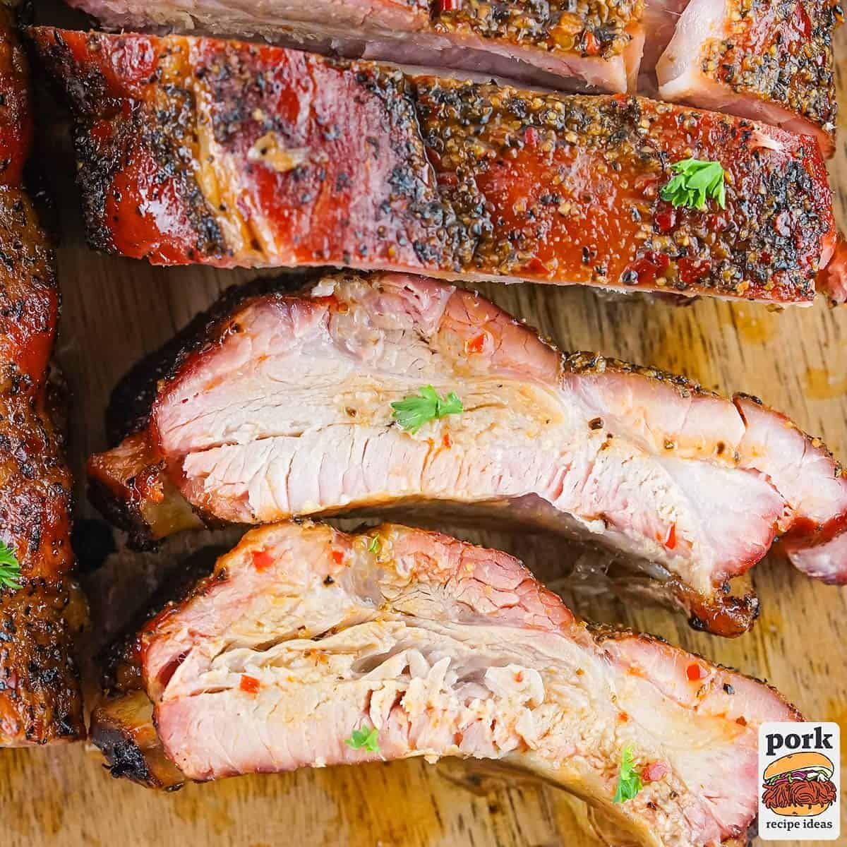 a closeup of sliced BBQ pork ribs