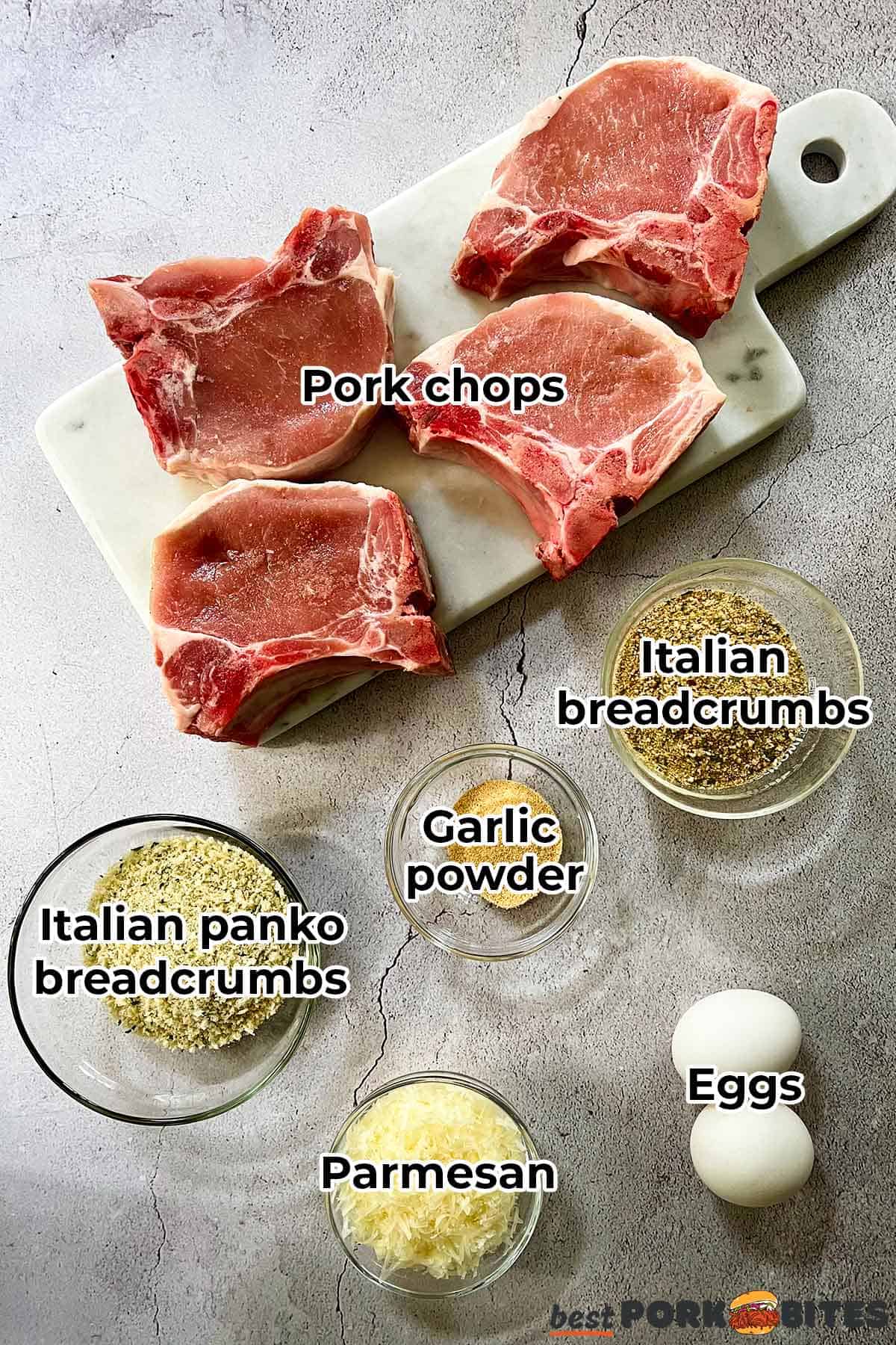 all the ingredients for baked pork chops in separate bowls with labels