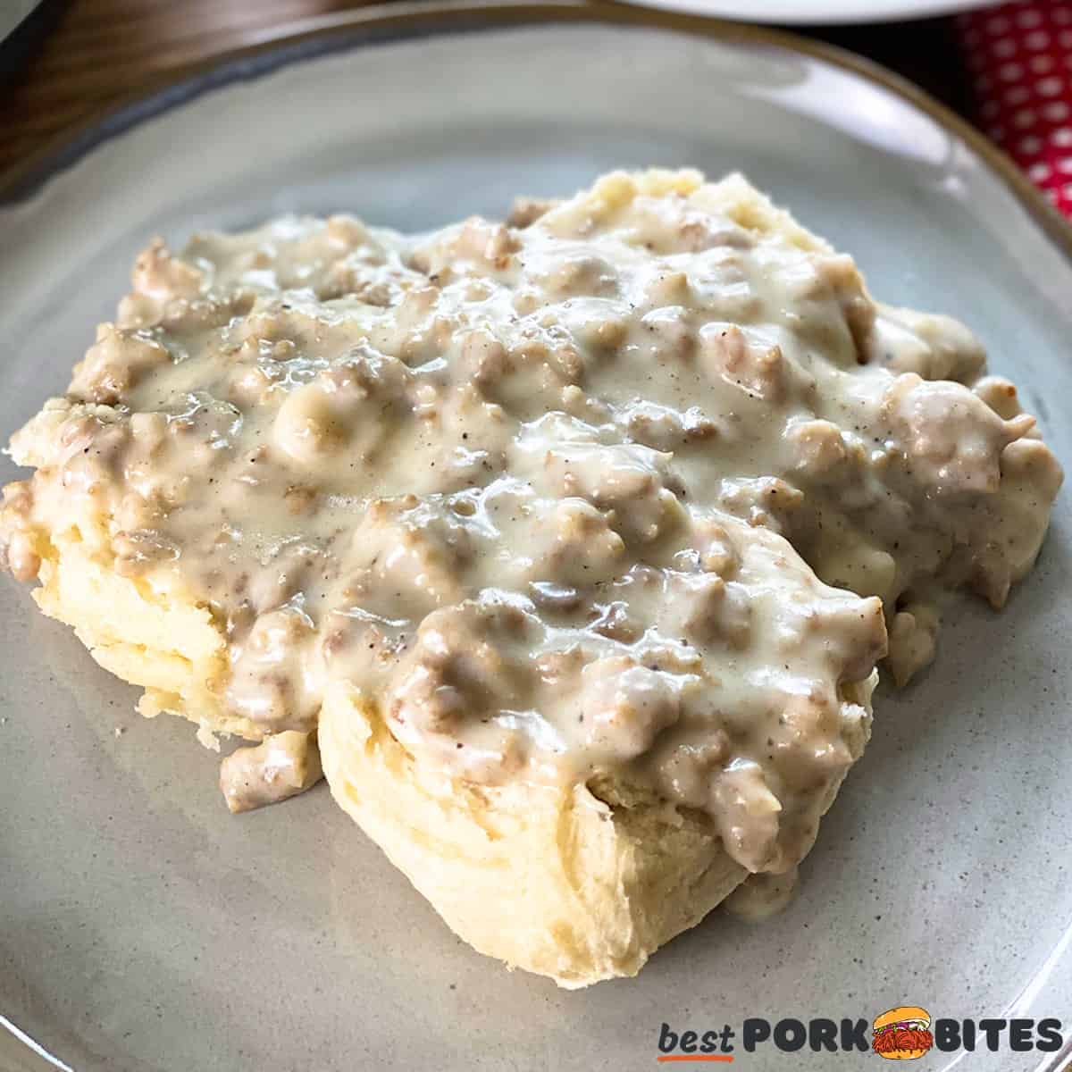 three sliced biscuits with gravy