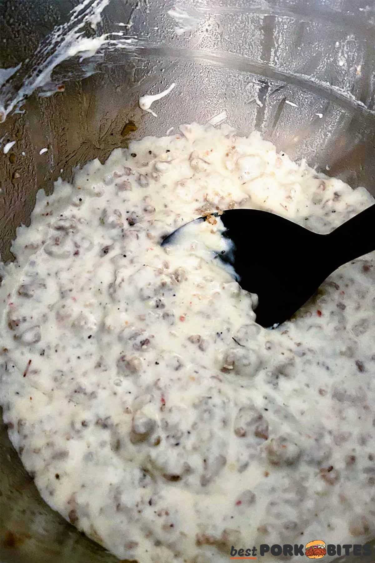 the sausage gravy after it has thickened with milk and flour