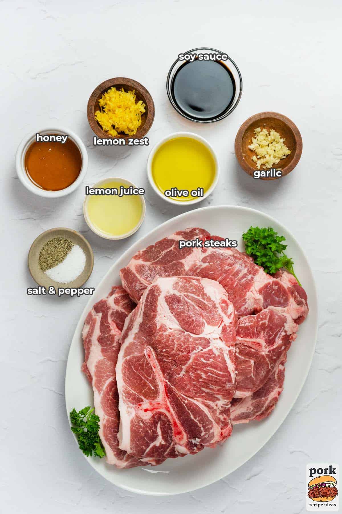 ingredients for grilled pork steaks with labels
