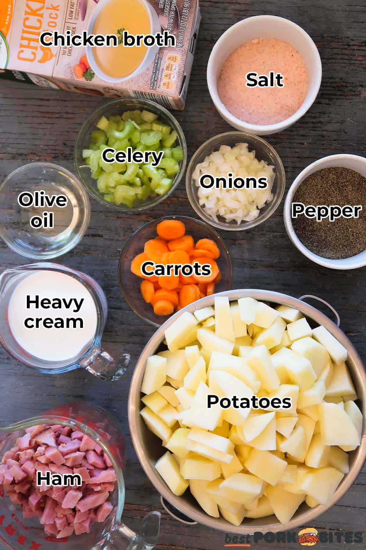 the ingredients for ham and potato soup in separate bowls with labels