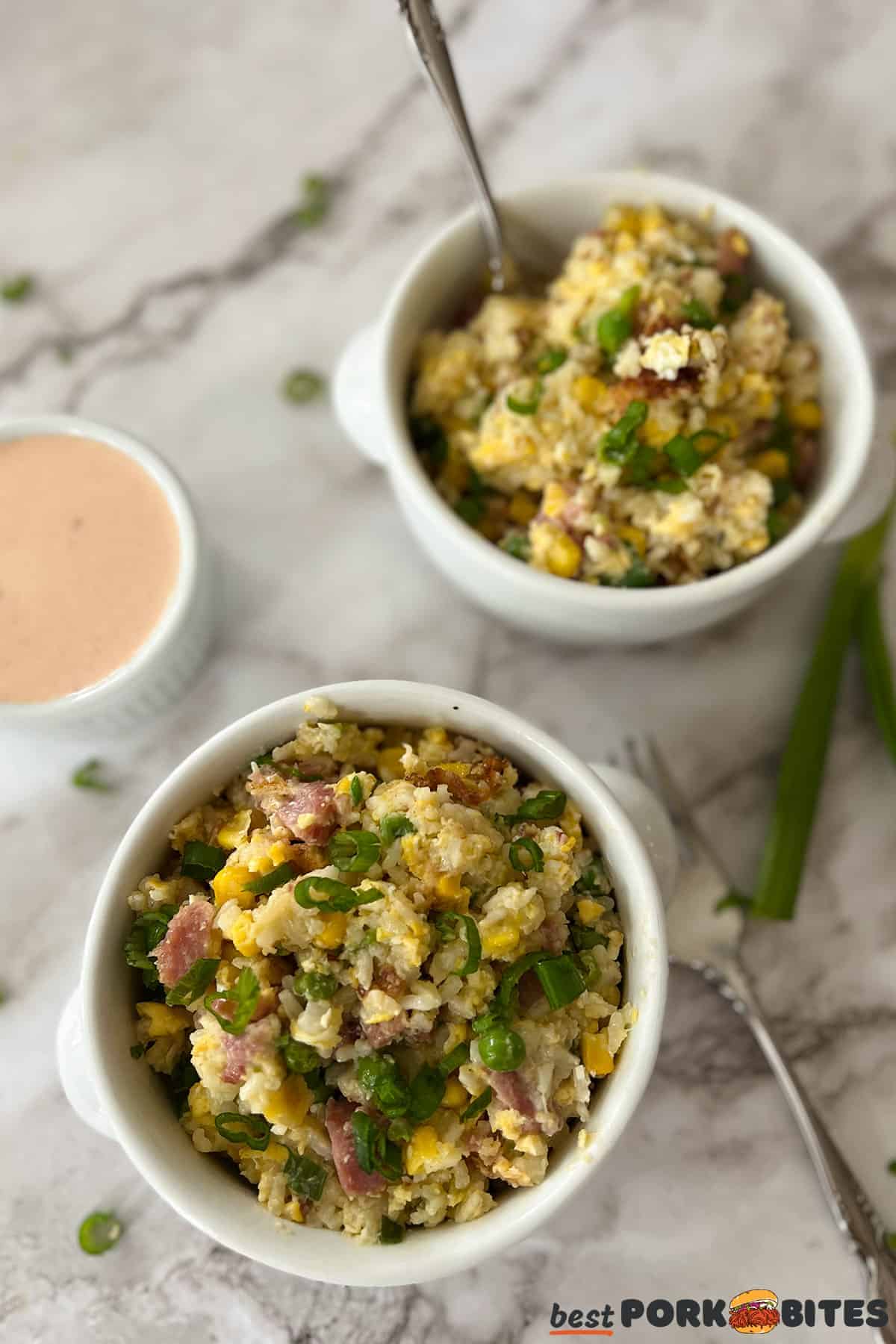 ham fried rice in white bowls